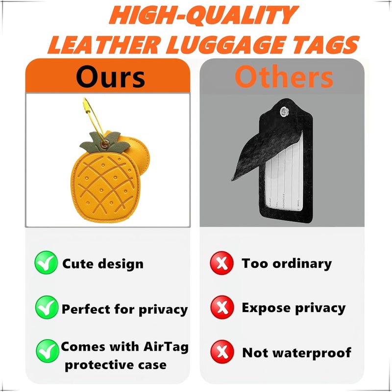 ZOUITY CuteLeather Luggage Tag Holder with Airtag Case Set,Hidden Compartment for AirTag Travel Suitcase Tracking Case with Stainless Steel Loop,Name ID Label(Pineapple) - Image 3